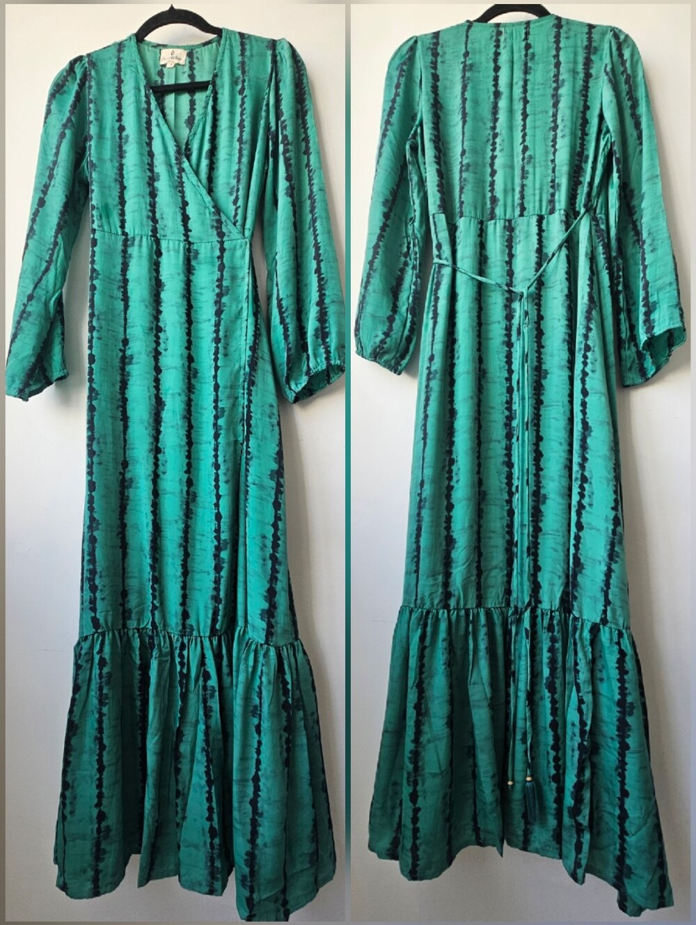 Perry Walker Collective Silk Teal Cobalt Blue Long Sleeve Wrap Maxi Dress